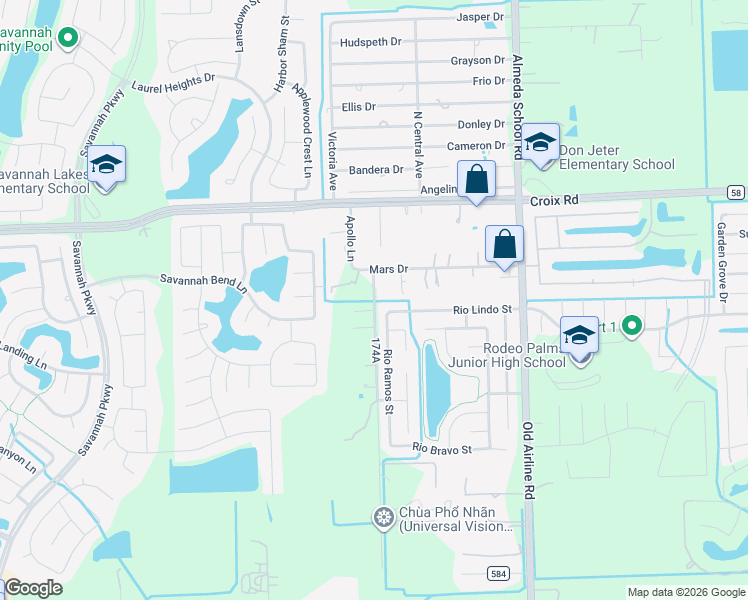 map of restaurants, bars, coffee shops, grocery stores, and more near 5439 Apollo Lane in Rosharon