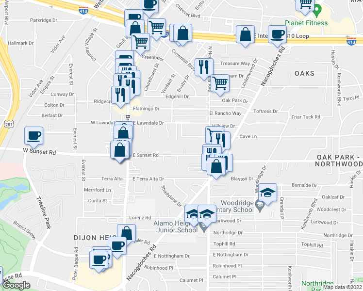 map of restaurants, bars, coffee shops, grocery stores, and more near 329 East Sunset Road in San Antonio
