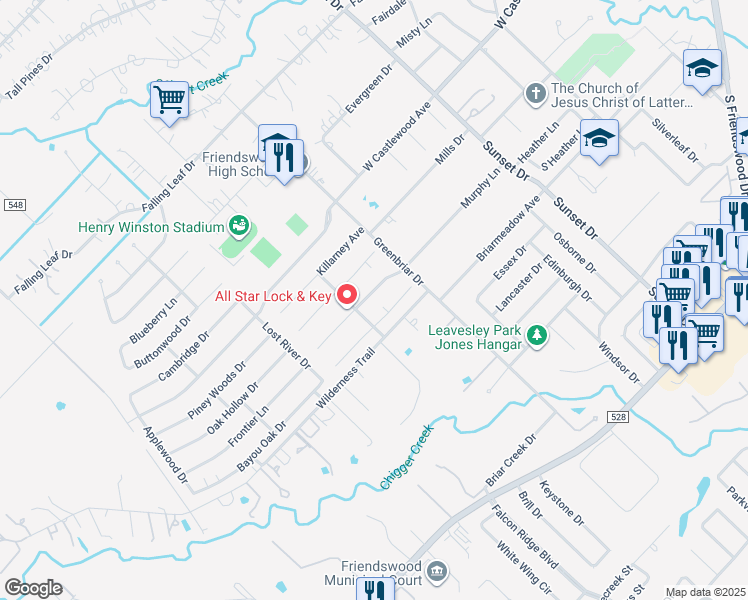 map of restaurants, bars, coffee shops, grocery stores, and more near 1014 Glenshannon Avenue in Friendswood