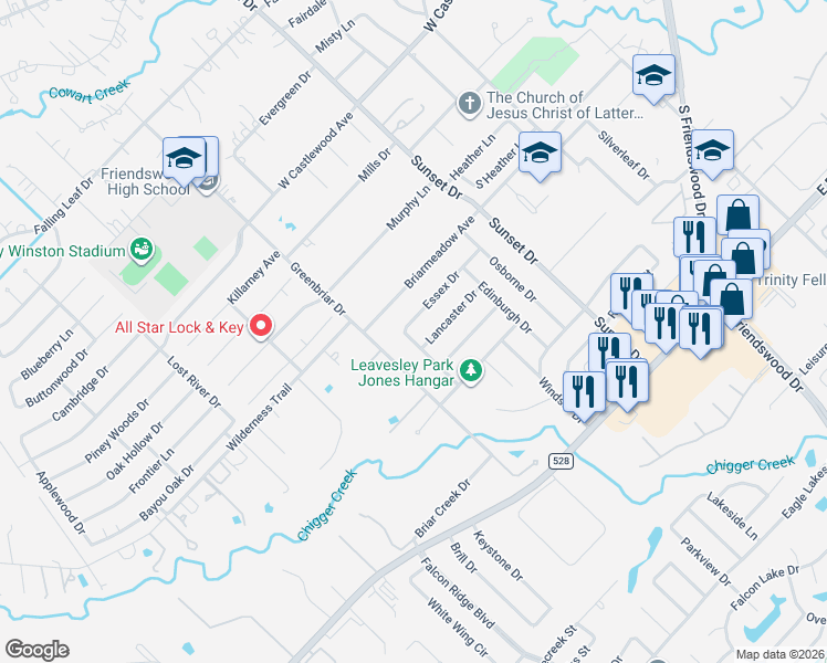 map of restaurants, bars, coffee shops, grocery stores, and more near 907 Essex Drive in Friendswood