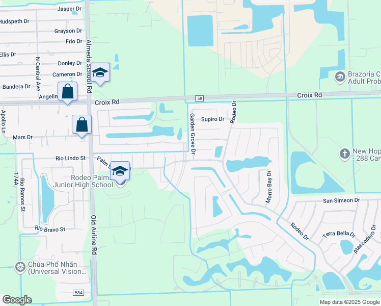 map of restaurants, bars, coffee shops, grocery stores, and more near 7 Garden Grove Drive in Manvel