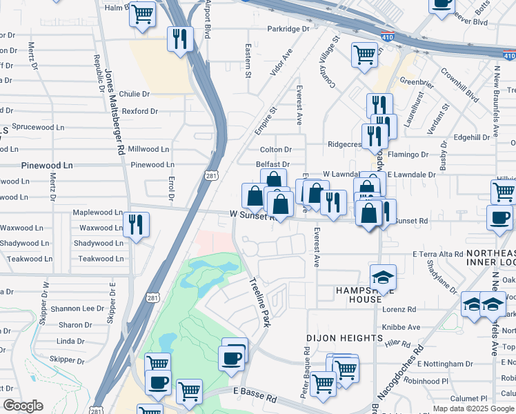 map of restaurants, bars, coffee shops, grocery stores, and more near 359 West Sunset Road in San Antonio