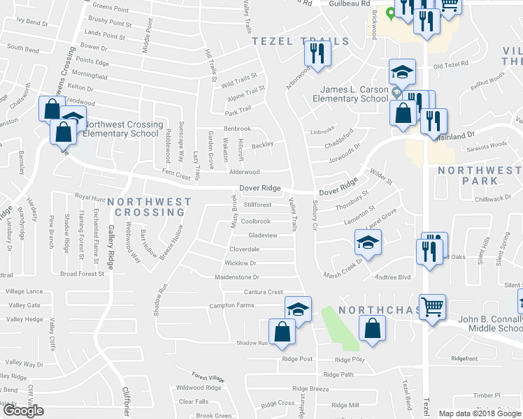 map of restaurants, bars, coffee shops, grocery stores, and more near 9534 Stillforest in San Antonio
