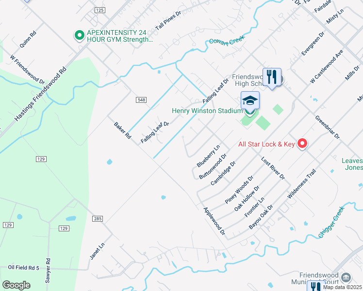 map of restaurants, bars, coffee shops, grocery stores, and more near 608 Pine Needle Dr in Friendswood