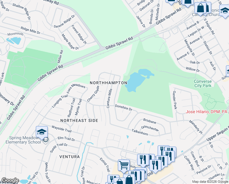 map of restaurants, bars, coffee shops, grocery stores, and more near 8143 Cantura Mills in Converse