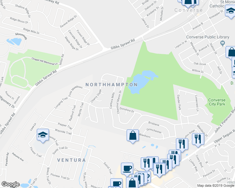 map of restaurants, bars, coffee shops, grocery stores, and more near 8143 Cantura Mills in Converse