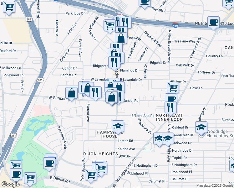 map of restaurants, bars, coffee shops, grocery stores, and more near 8018 Broadway in San Antonio