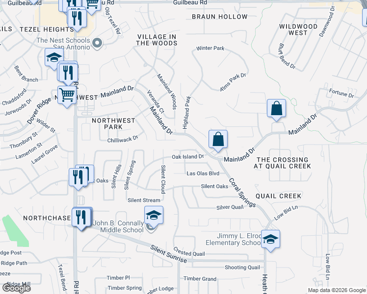 map of restaurants, bars, coffee shops, grocery stores, and more near 8007 Santa Catalina in San Antonio