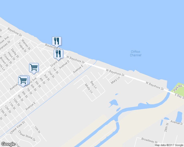 map of restaurants, bars, coffee shops, grocery stores, and more near 5023 Gulf Stream Lane in Bacliff