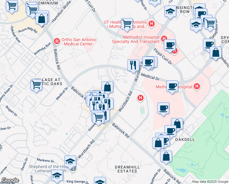 map of restaurants, bars, coffee shops, grocery stores, and more near 4949 Von Scheele Drive in San Antonio
