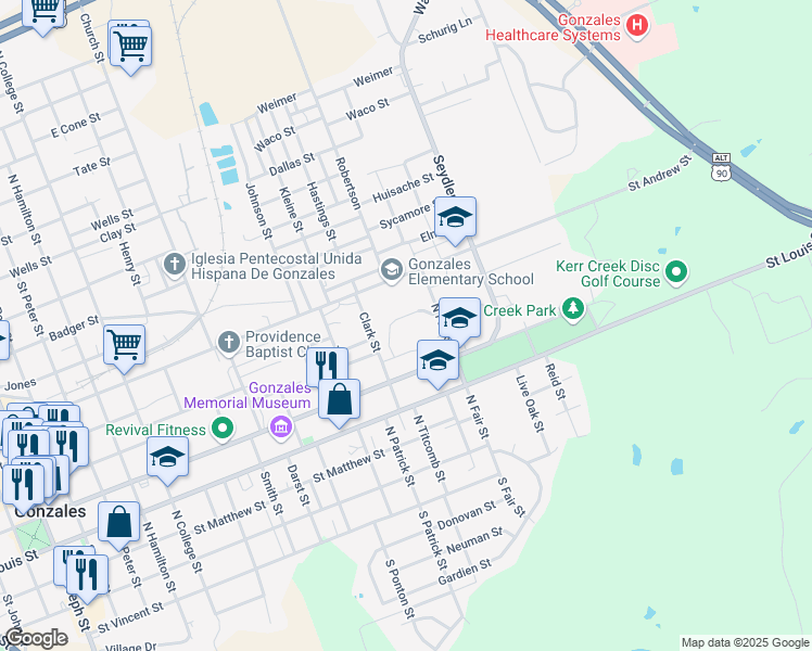 map of restaurants, bars, coffee shops, grocery stores, and more near 1600 Saint Andrew Street in Gonzales