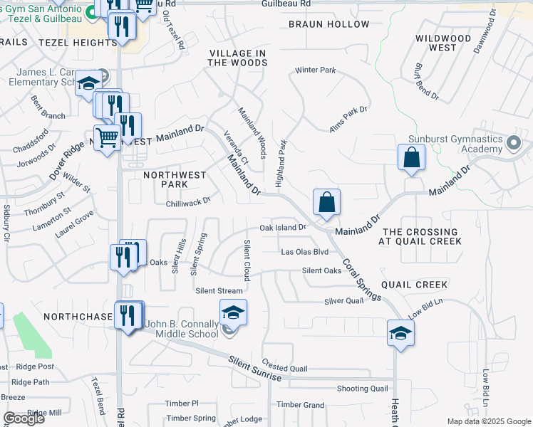 map of restaurants, bars, coffee shops, grocery stores, and more near 8007 Santa Catalina in San Antonio