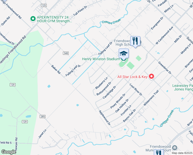 map of restaurants, bars, coffee shops, grocery stores, and more near 1402 Beechwood Drive in Friendswood