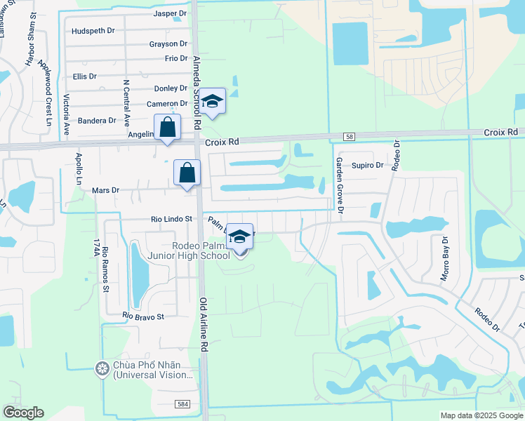 map of restaurants, bars, coffee shops, grocery stores, and more near 1 Rose Desert Court in Manvel