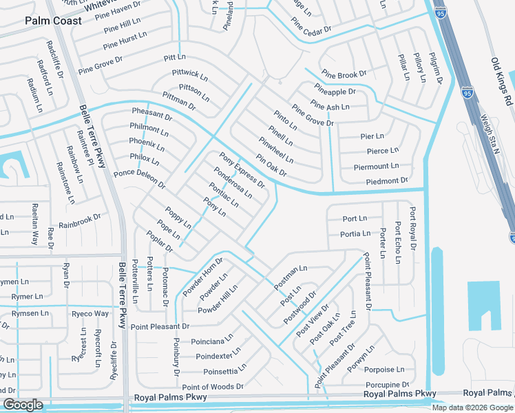 map of restaurants, bars, coffee shops, grocery stores, and more near 34 Ponderosa Lane in Palm Coast