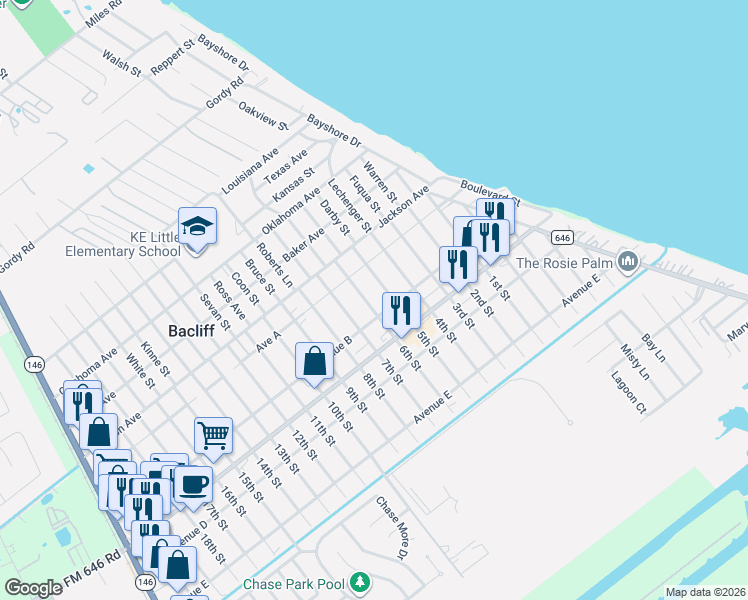map of restaurants, bars, coffee shops, grocery stores, and more near 4431 6th St in Bacliff