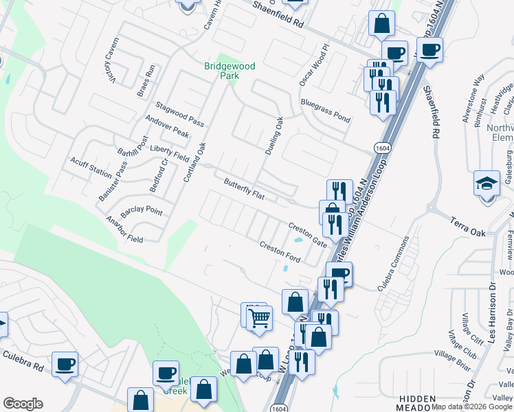 map of restaurants, bars, coffee shops, grocery stores, and more near 104 Creston Gate in San Antonio