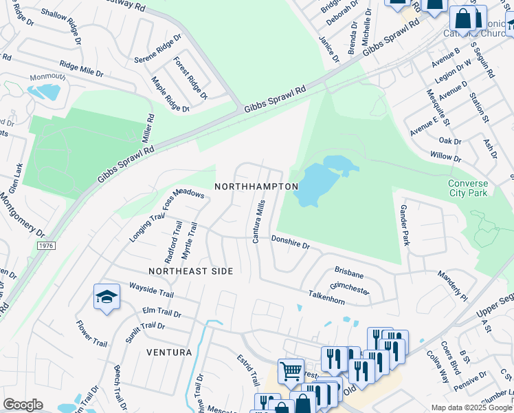 map of restaurants, bars, coffee shops, grocery stores, and more near 8143 Cantura Mills in Converse