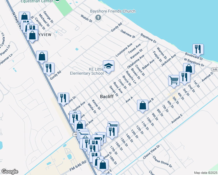 map of restaurants, bars, coffee shops, grocery stores, and more near 4110 Sevan Street in Bacliff
