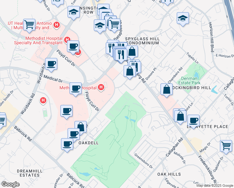 map of restaurants, bars, coffee shops, grocery stores, and more near 7702 Louis Pasteur Drive in San Antonio