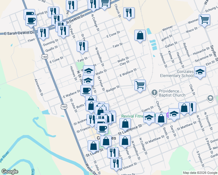 map of restaurants, bars, coffee shops, grocery stores, and more near 1005 North Hamilton Street in Gonzales