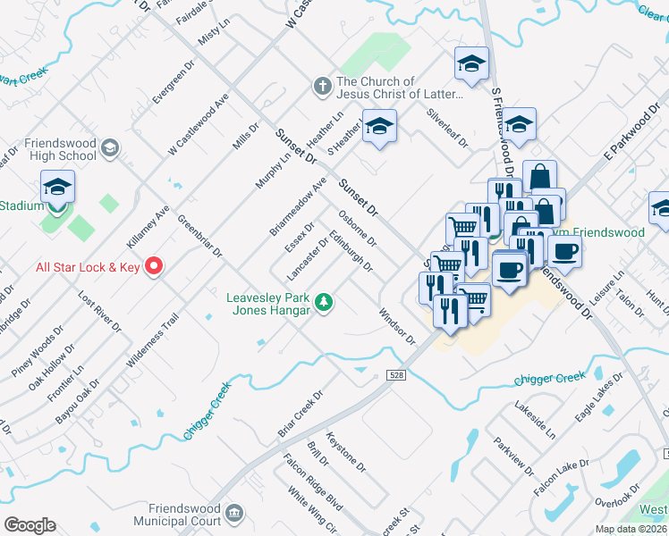 map of restaurants, bars, coffee shops, grocery stores, and more near 807 Sandringham Drive in Friendswood