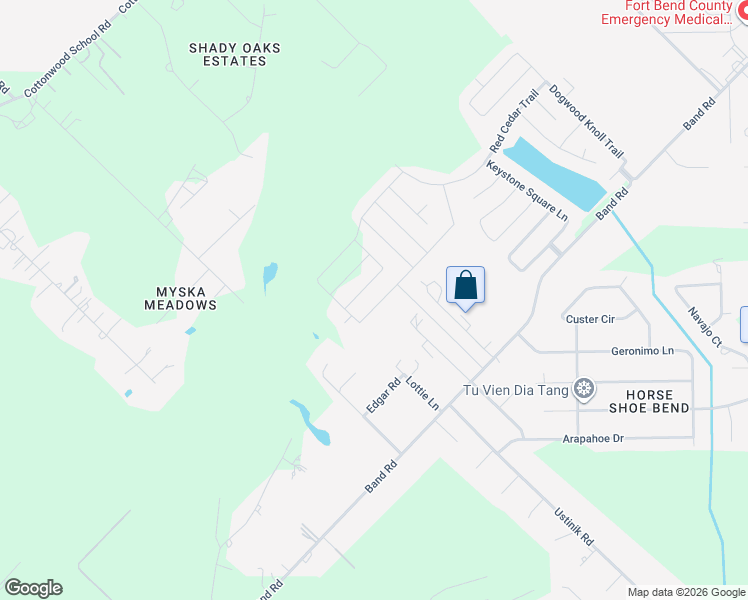 map of restaurants, bars, coffee shops, grocery stores, and more near 2626 Zephyr Lane in Rosenberg
