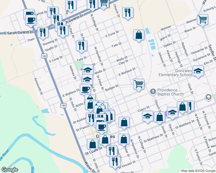 map of restaurants, bars, coffee shops, grocery stores, and more near 1005 North Hamilton Street in Gonzales