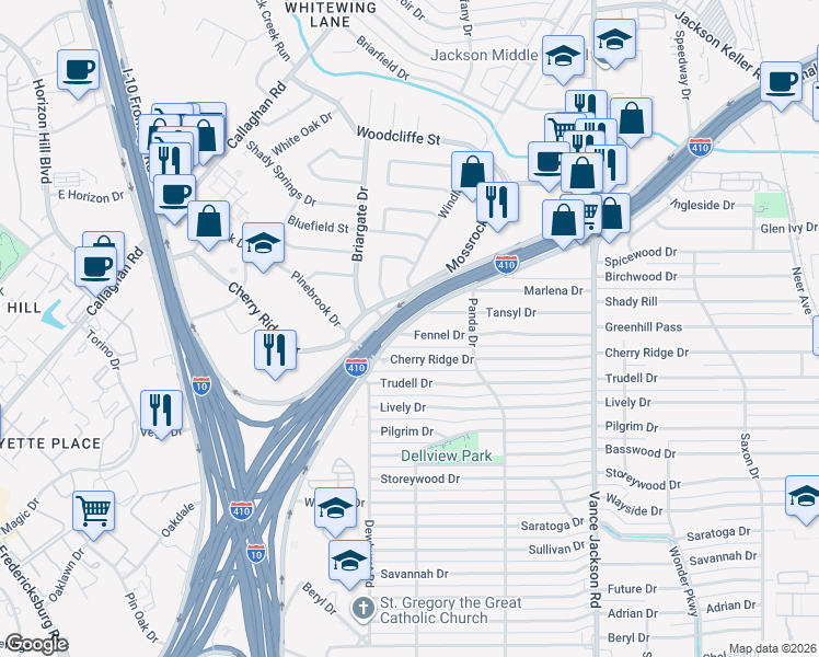 map of restaurants, bars, coffee shops, grocery stores, and more near 247 Fennel Drive in San Antonio