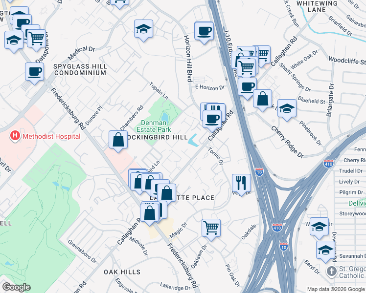map of restaurants, bars, coffee shops, grocery stores, and more near 7667 Callaghan Road in San Antonio