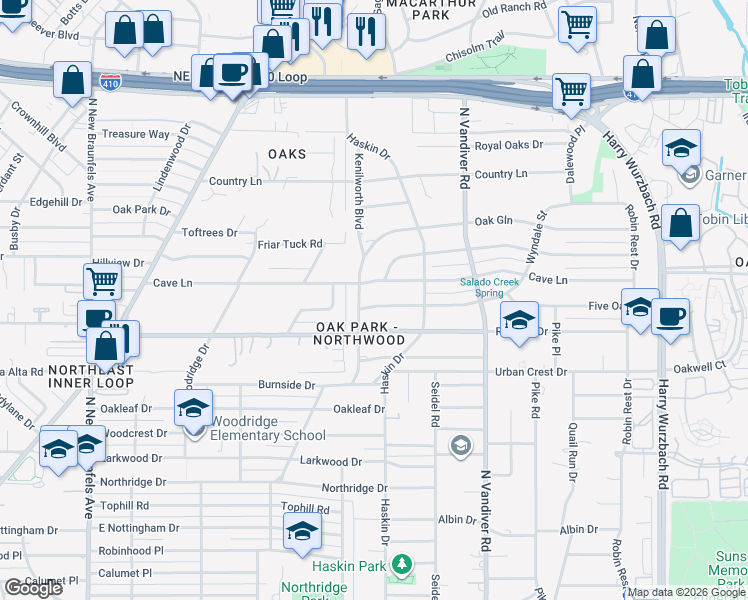 map of restaurants, bars, coffee shops, grocery stores, and more near 107 Wyndale Street in San Antonio