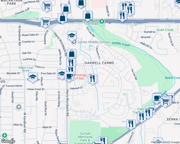 map of restaurants, bars, coffee shops, grocery stores, and more near 3360 Oakwell Court in San Antonio