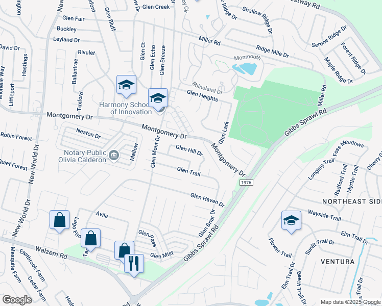 map of restaurants, bars, coffee shops, grocery stores, and more near 7238 Glen Hill Drive in San Antonio