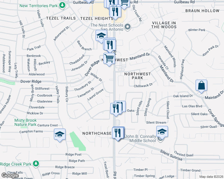 map of restaurants, bars, coffee shops, grocery stores, and more near 7503 Tezel Road in San Antonio