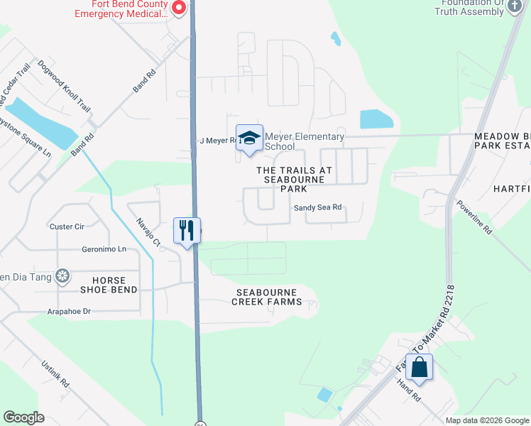 map of restaurants, bars, coffee shops, grocery stores, and more near 2014 Quiet Palm Lane in Rosenberg