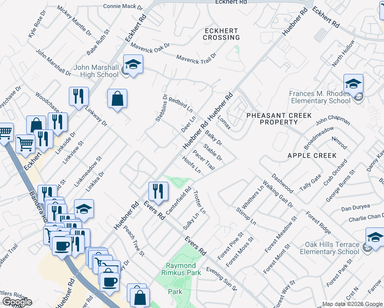 map of restaurants, bars, coffee shops, grocery stores, and more near 6438 Pacer Trail in San Antonio