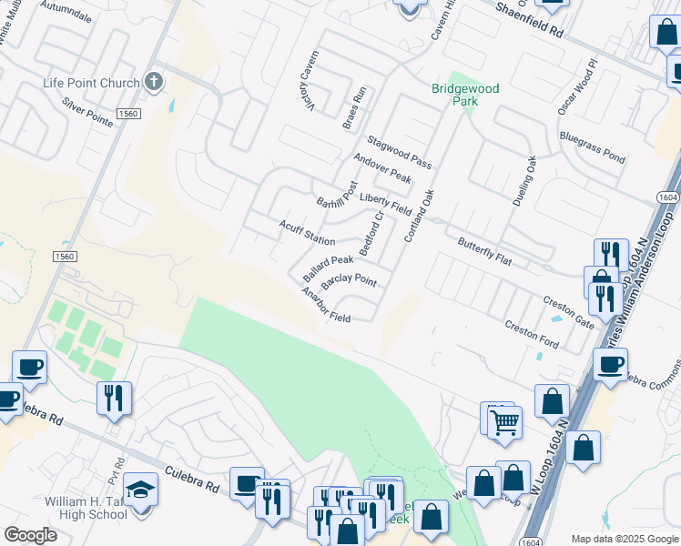 map of restaurants, bars, coffee shops, grocery stores, and more near 11063 Barclay Point in San Antonio