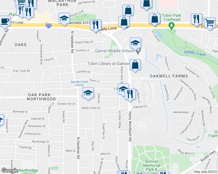 map of restaurants, bars, coffee shops, grocery stores, and more near 219 5 Oaks Drive in San Antonio