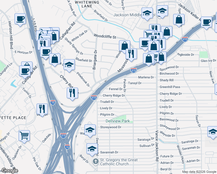 map of restaurants, bars, coffee shops, grocery stores, and more near 247 Fennel Drive in San Antonio