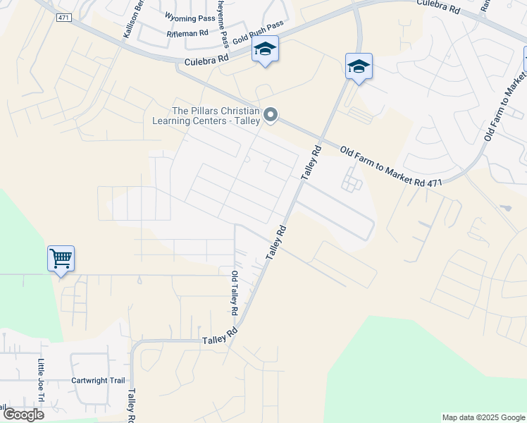 map of restaurants, bars, coffee shops, grocery stores, and more near 7401-7509 Talley Road in San Antonio