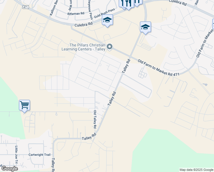 map of restaurants, bars, coffee shops, grocery stores, and more near 7401-7509 Talley Road in San Antonio