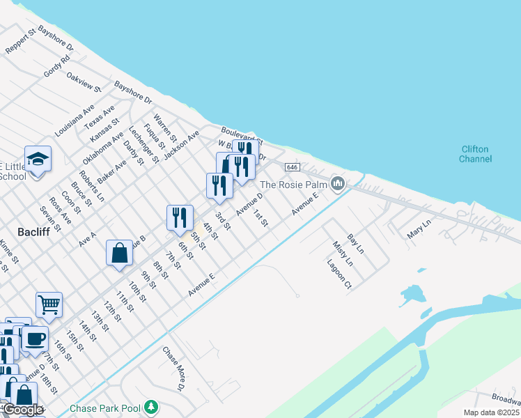 map of restaurants, bars, coffee shops, grocery stores, and more near 4719 1st St in Bacliff