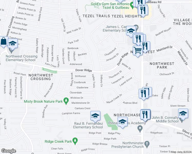 map of restaurants, bars, coffee shops, grocery stores, and more near 7208 Valley Trails in San Antonio