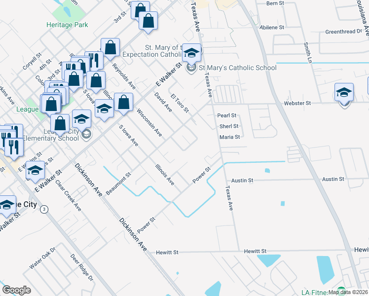 map of restaurants, bars, coffee shops, grocery stores, and more near 1105 Courtside Drive East in League City