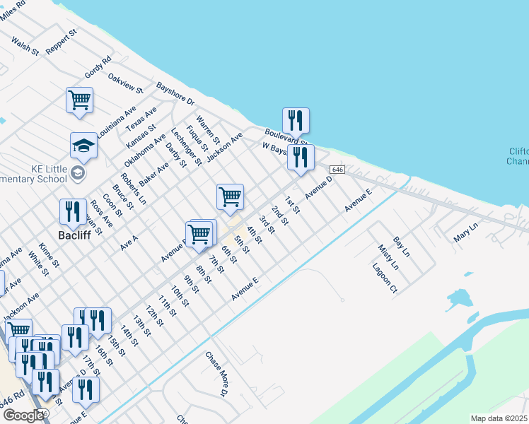 map of restaurants, bars, coffee shops, grocery stores, and more near 214 Grand Avenue in Bacliff