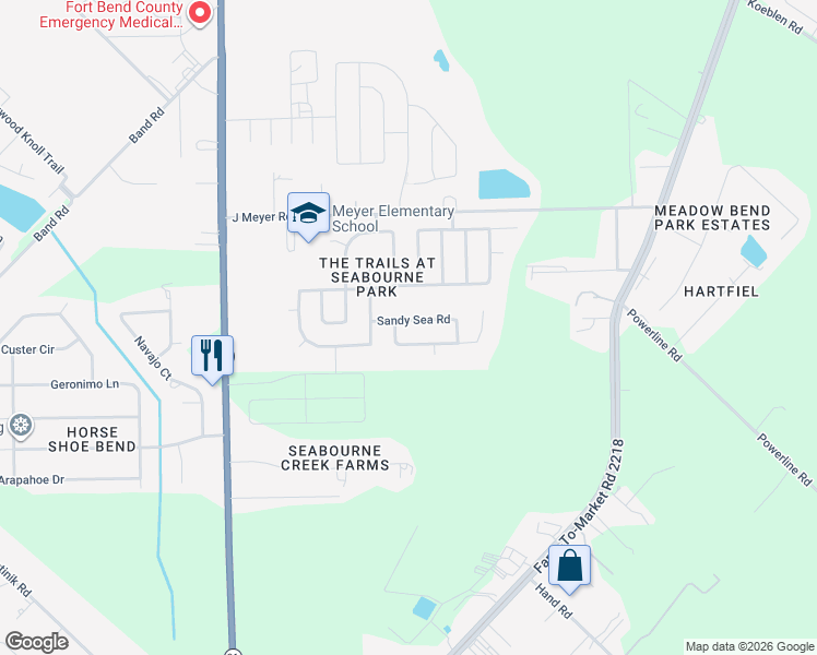 map of restaurants, bars, coffee shops, grocery stores, and more near 2234 Sandy Sea Road in Rosenberg