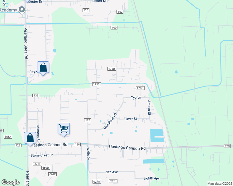 map of restaurants, bars, coffee shops, grocery stores, and more near 176 Baughman Drive in Pearland