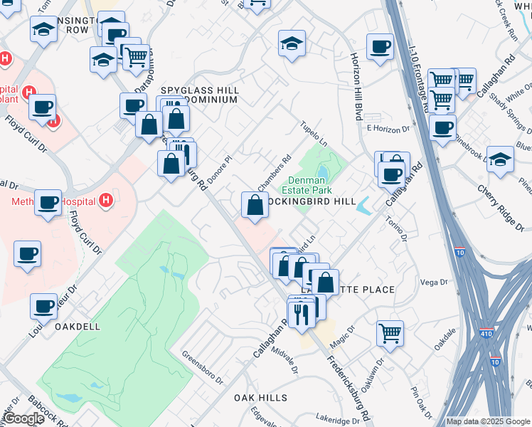 map of restaurants, bars, coffee shops, grocery stores, and more near 7738 Chambers Road in San Antonio