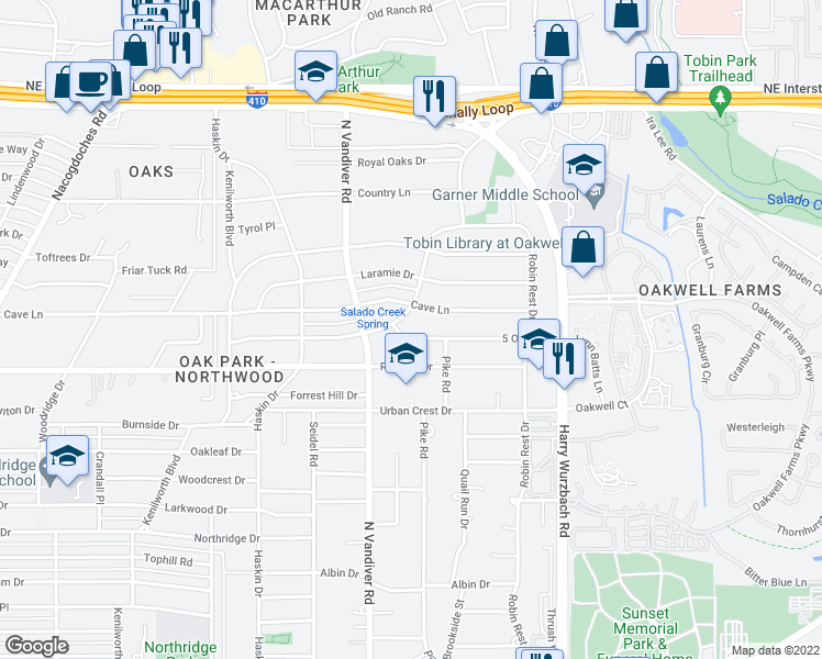 map of restaurants, bars, coffee shops, grocery stores, and more near 107 5 Oaks Drive in San Antonio