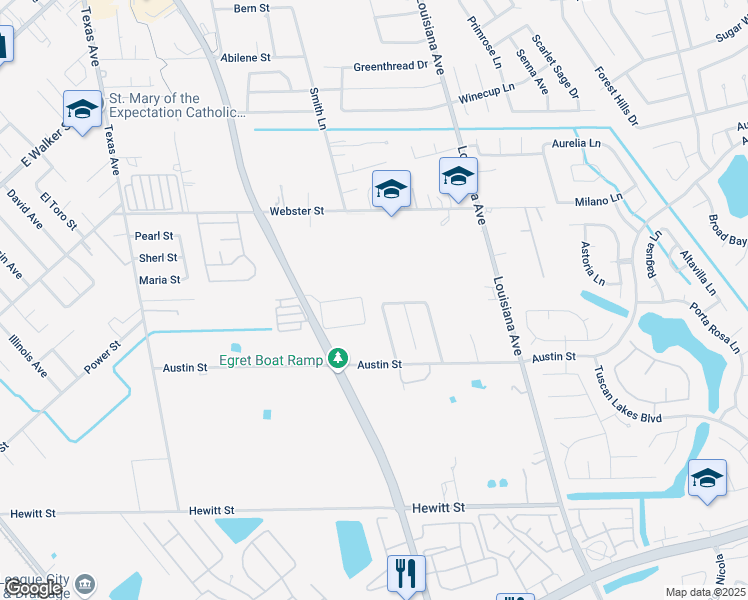 map of restaurants, bars, coffee shops, grocery stores, and more near 1001 Red River Street in League City
